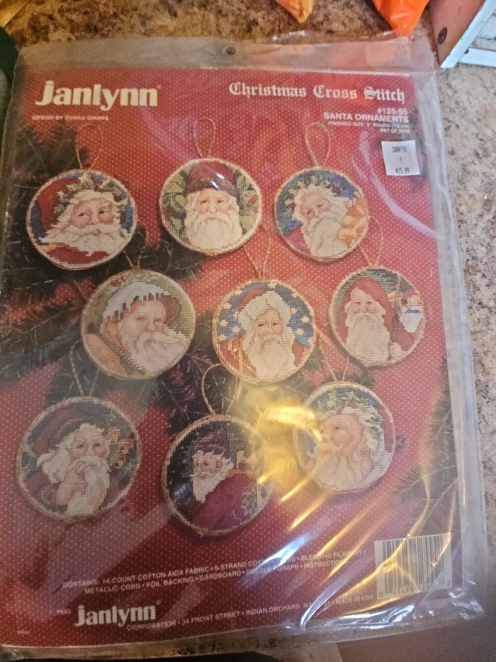 Vintage Janlynn Christmas Cross Stitch Santa Ornaments Kit #125-55, 9 Designs